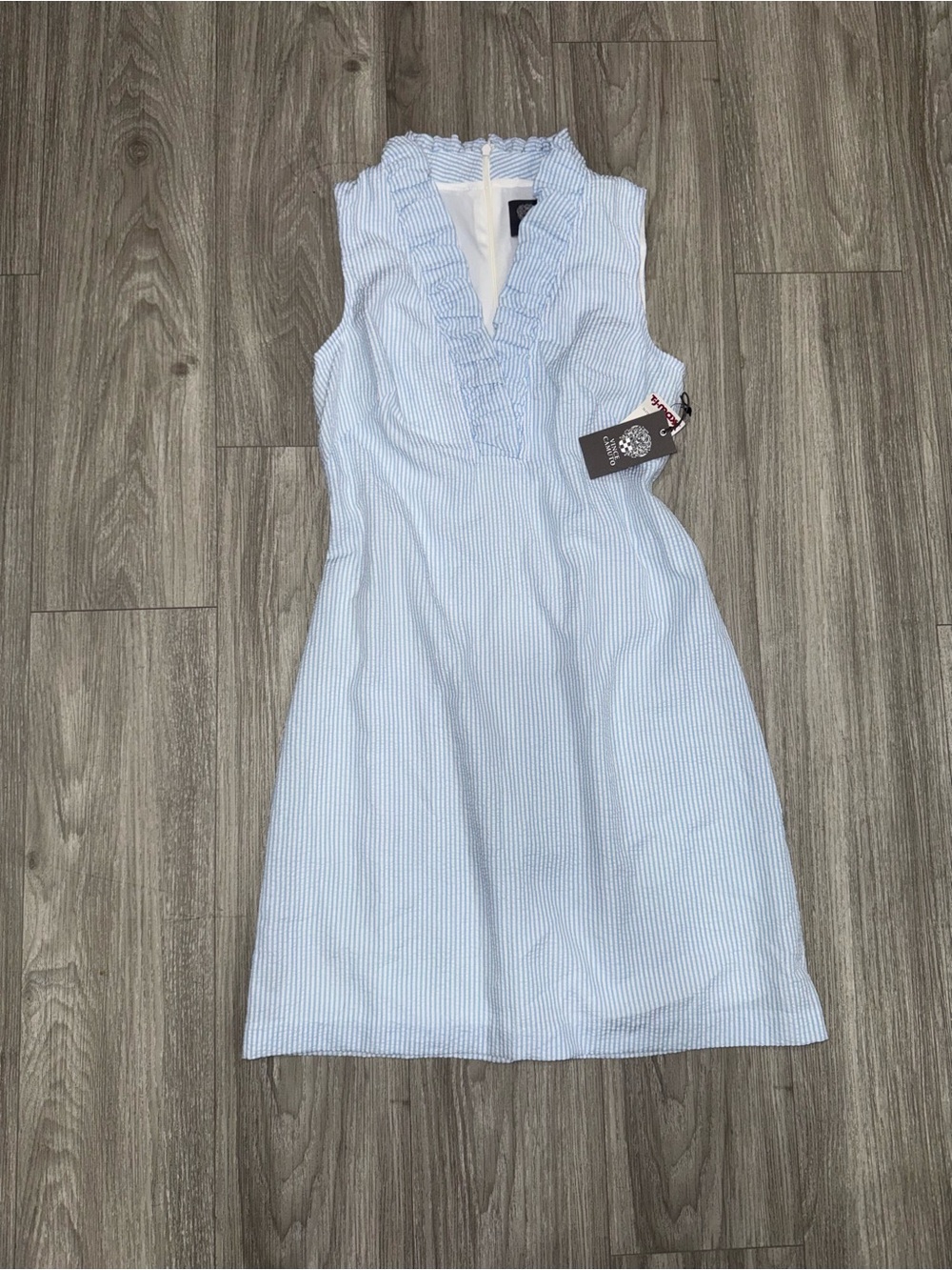 Vince Camuto Light Blue Sleeveless Ruffle V-Neck Mini Dress